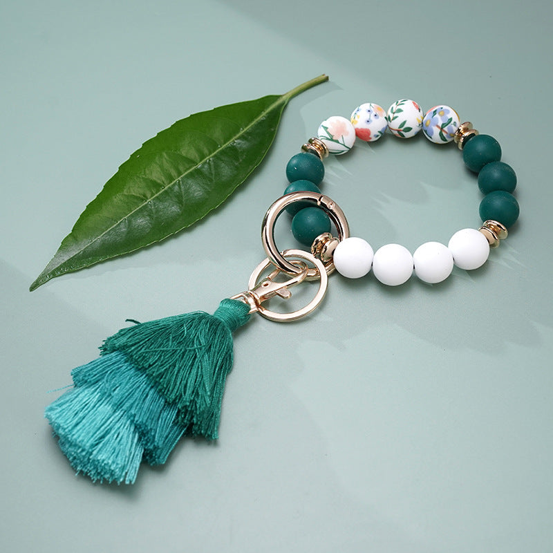 Wholesale Colorful Silicone Beads Three Layers Tassel Beaded Wrist Keychain
